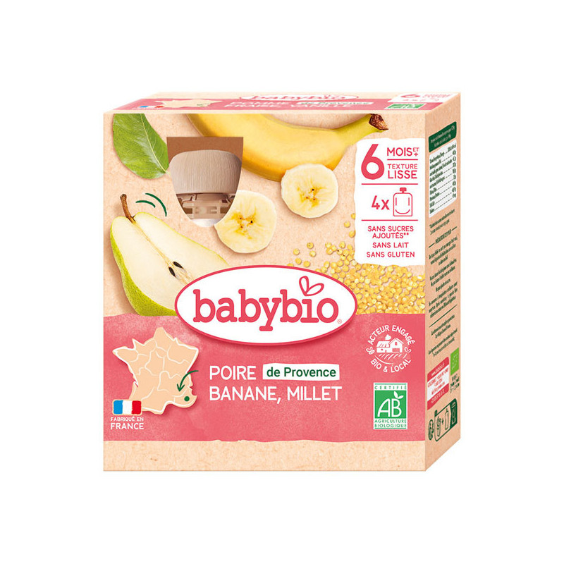 Babybio Organic Pera Plátano Mijo 6 meses y más 4 biberones de 90 g