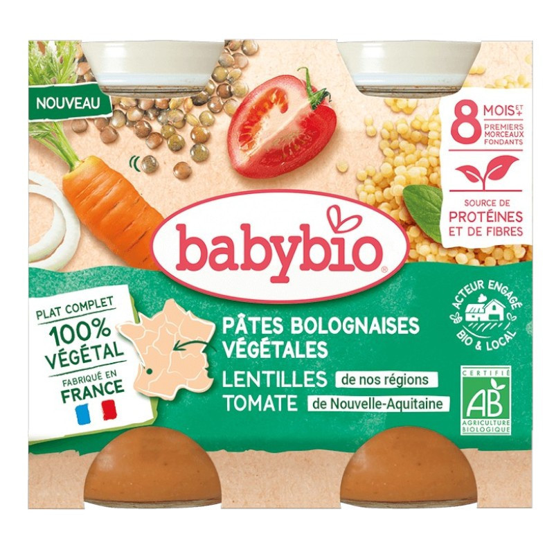 Babybio Pasta vegetal boloñesa lentejas tomate 8 meses y más 2x200gr