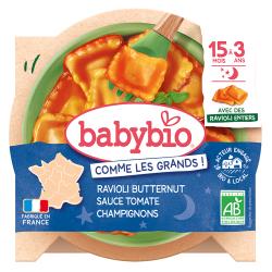 Babybio Ravioli Butternut sauce aux Tomates et Champignons assiette 190gr
