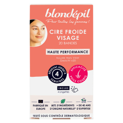 Blondépil Cera facial fría de alto rendimiento 20 bandas + 4 toallitas