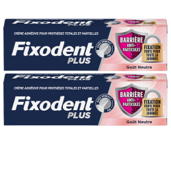 Fixodent Plus Barrera antipartículas. Crema adhesiva para prótesis totales y parciales. Sabor neutro. 2 x 35 g