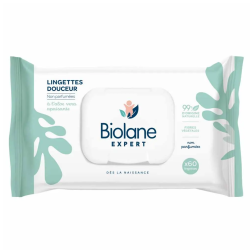 Biolane Expert Toallitas suaves sin perfume con aloe vera calmante, paquete de 60 unidades