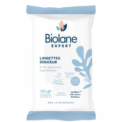 Biolane Expert Toallitas suaves de viaje con glicerina hidratante, paquete de 10