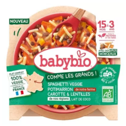 Babybio Espaguetis Veggie con calabaza, zanahoria y lentejas, con leche de coco, de 15 meses a 3 años, ecológicos, 200 g
