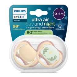 Avent, pack de 2 chupetes de silicona 0-6 meses Ultra Air, combinación día/noche