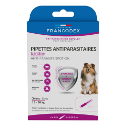 Francodex 4 pipetas de 3 ml con icaridina, antiparasitarias para perros de 15 a 30 kg