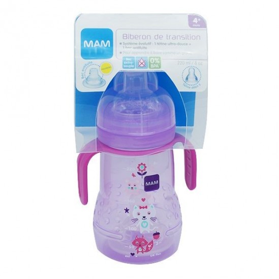 Mam Biberon de transition 220ml Mauve/Rose Mam Biberon de transition 220ml Mauve/Rose