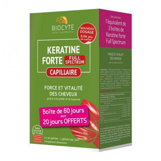 Biocyte keratine forte full spectrum capillaire cheveux 3 x 40 gélules Biocyte keratine forte full spectrum capillaire cheveux 3 x 40 gélules