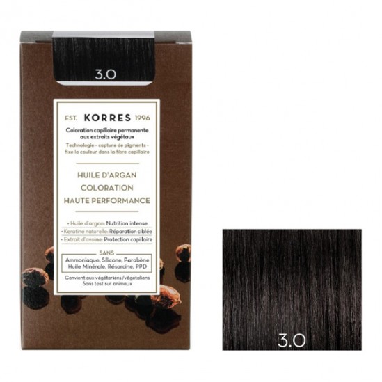 Korres huile d'argan coloration permanente 3.0 châtain foncé Korres huile d'argan coloration permanente 3.0 châtain foncé