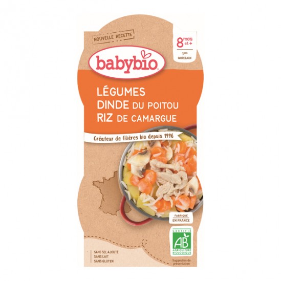 Babybio légumes dinde du Poitou riz de Camargue dès 8 mois 2x200g