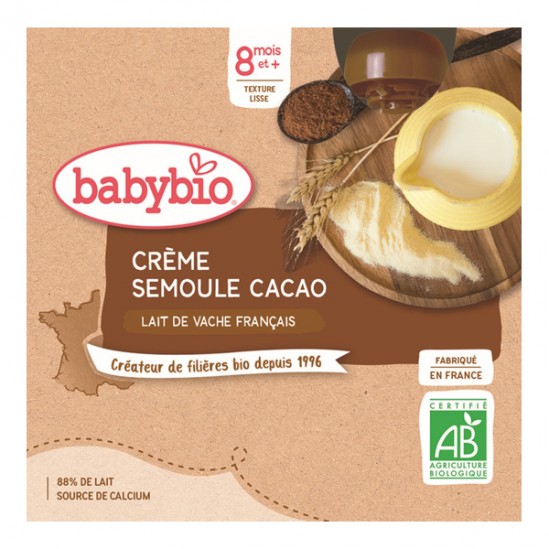Babybio crème semoule cacao dès 8 mois pack de 4 gourdes x 85g