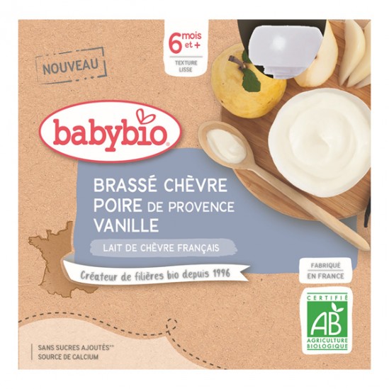 Babybio brassé chèvre poire vanille dès 6 mois 4 gourdes x 85g