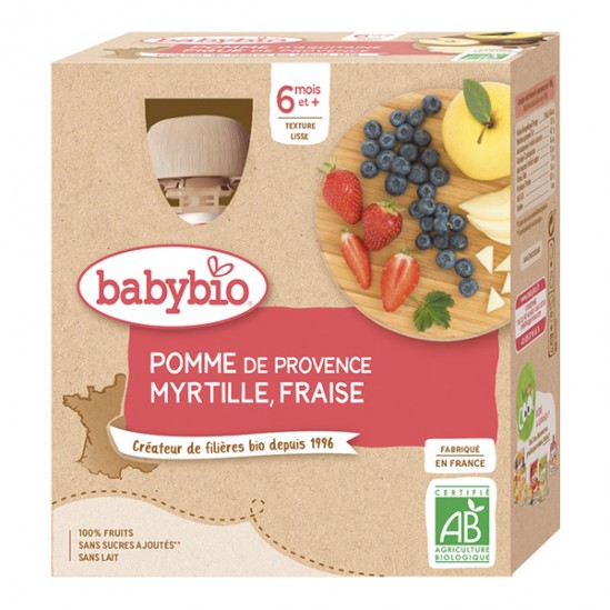 Babybio gourdes pomme myrtille fraise dès 6 mois lot de 4x90g Babybio gourdes pomme myrtille fraise dès 6 mois lot de 4x90g