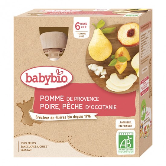 Babybio gourde pomme poire pêche 4 gourdes de 90g Babybio gourde pomme poire pêche 4 gourdes de 90g