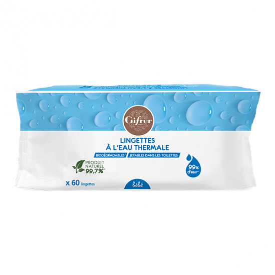 Gifrer lingettes biodégradables à l’eau thermale d’Auvergne sachet de 60