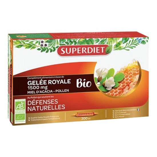 Superdiet gelée royale miel pollen bio 20 ampoules 15ml
