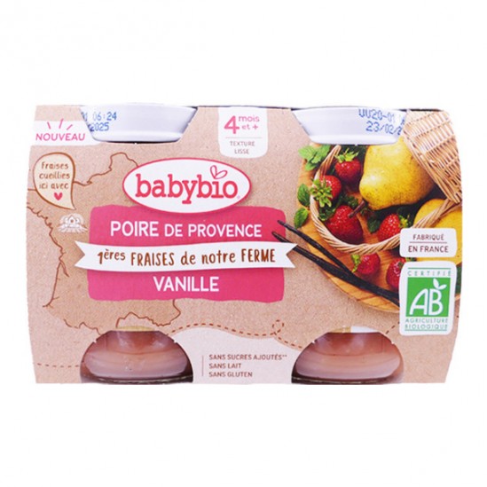 Babybio poire de provence 1ères fraises de notre ferme vanille 2x130gr Babybio poire de provence 1ères fraises de notre ferme vanille 2x130gr